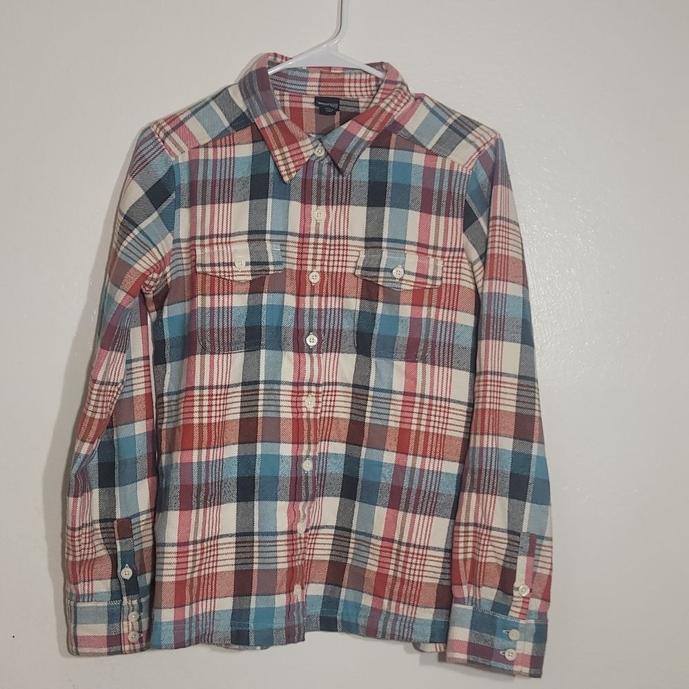 Patagonia Fjord Plaid Flannel Button Down Shirt EUC Midweight sz 4 Red Blue